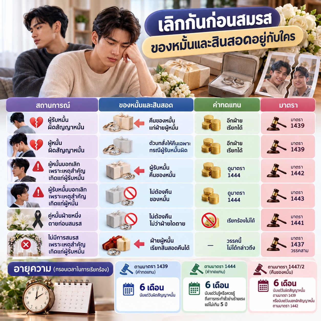 ภาพแสดงคู่รักชายที่ยุติการหมั้นก่อนสมรส พร้อมแหวน ของหมั้น สินสอด และสัญลักษณ์กฎหมาย อธิบายกรณีการคืนของหมั้นและสินสอด